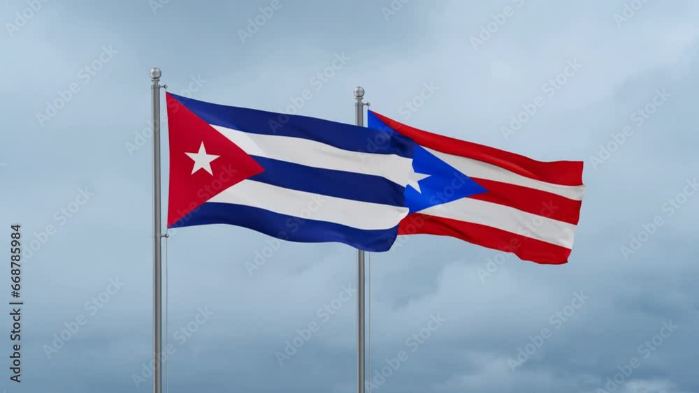 Puerto Rico and Cuba flag waving together on cloudy sky, endless seamless loop, two country cooperation concept