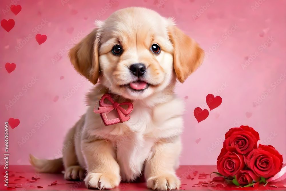 cute dog puppy with valentine background, red heart and red rose. AI