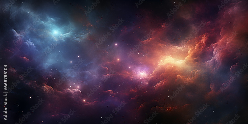 Panoramic Night Sky with Nebula and Clouds in Outer Space