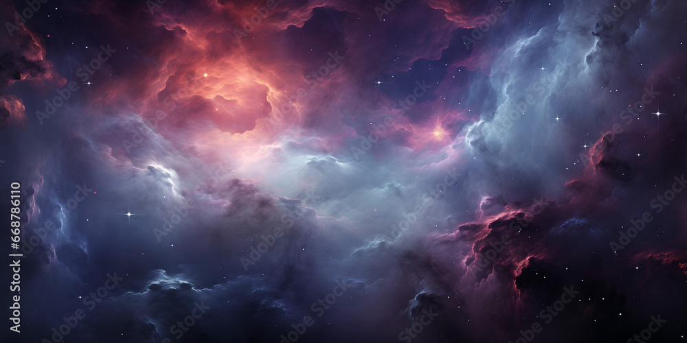 Fototapeta premium Panoramic View of Night Sky with Nebula Clouds in Outer Space