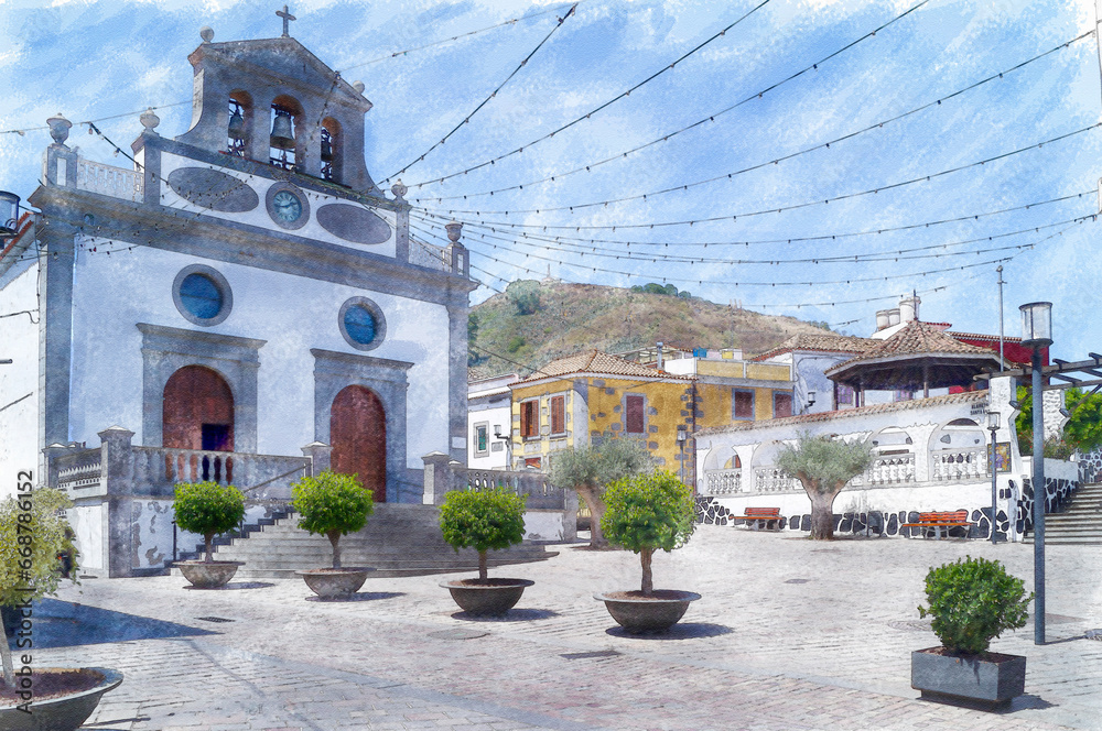 watercolor illustration, Vega de San Mateo, in Gran Canaria, Canary Islands