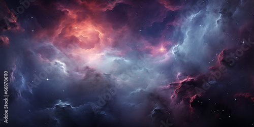 Panoramic View of Night Sky with Nebula Clouds in Outer Space
