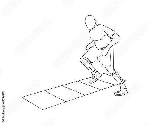 Ladder in and out exercise Line Drawing isolated on copy space white background, man doing agility ladder exercise, Agility Ladder Drills, Continuous one line drawing, work out outline clip art