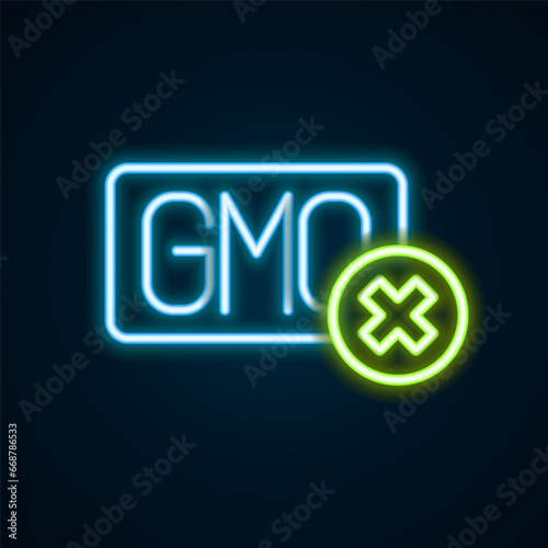 Glowing neon line No GMO icon isolated on black background. Genetically modified organism acronym. Dna food modification. Colorful outline concept. Vector