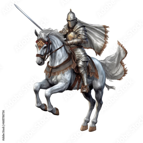 Medieval knight on white steed, isolated.