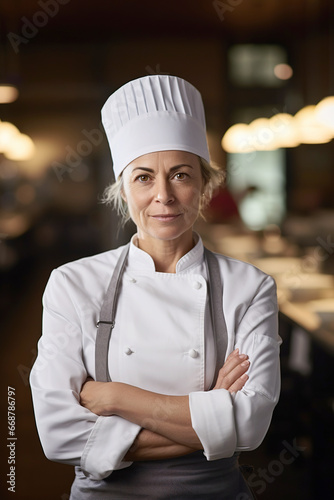 Portrait of female chef looking at camera. Mature woman in her 50 s in her restaurant. Vertical photo