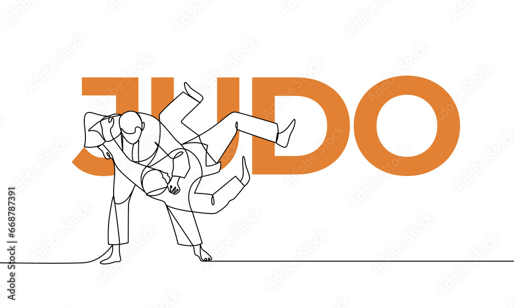 Single continuous drawing. Judo, Japanese martial art. Colored elements and title. One line vector illustration