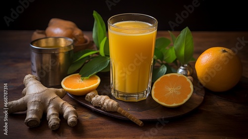 A glass of golden turmeric and ginger-infused juice, highlighting the rich, earthy color and health benefits.