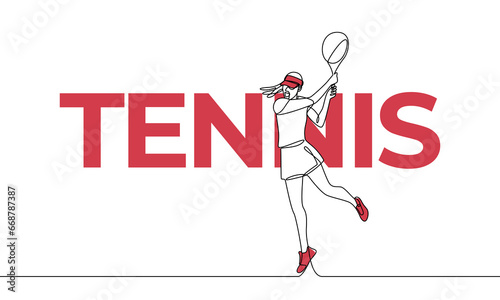 Single continuous drawing of a tennis player. Tennis. Colored elements and title. One line vector illustration
