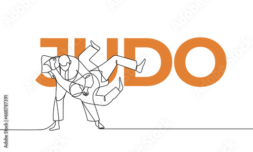 Single continuous drawing. Judo  Japanese martial art. Colored elements and title. One line vector illustration