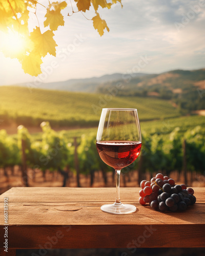 Wood table top with a glass of wine on blurred vineyard landscape background