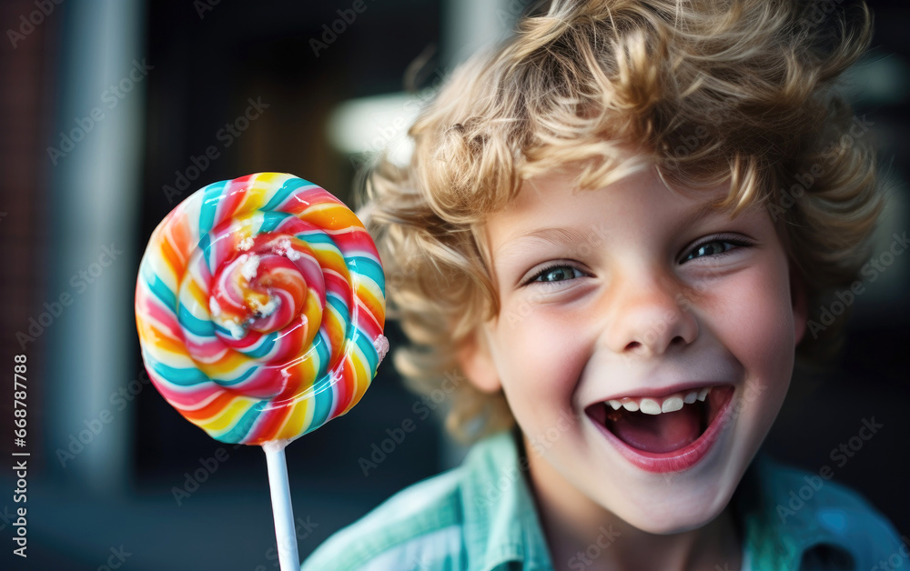 Funny looking smiling child boy with a lollipop