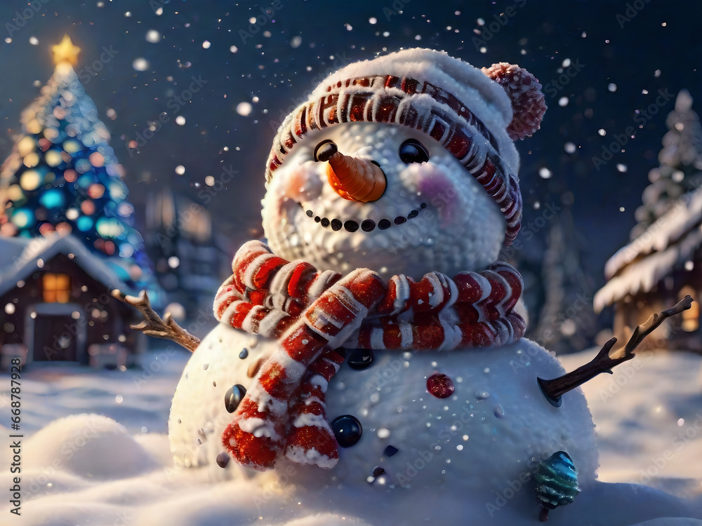 Joyful Snowman Amidst Magical Frozen Forest in the Heart of a Snowy Winter Night Joyful Snowman Amidst Magical Frozen Forest in the Heart of a Snowy Winter Night