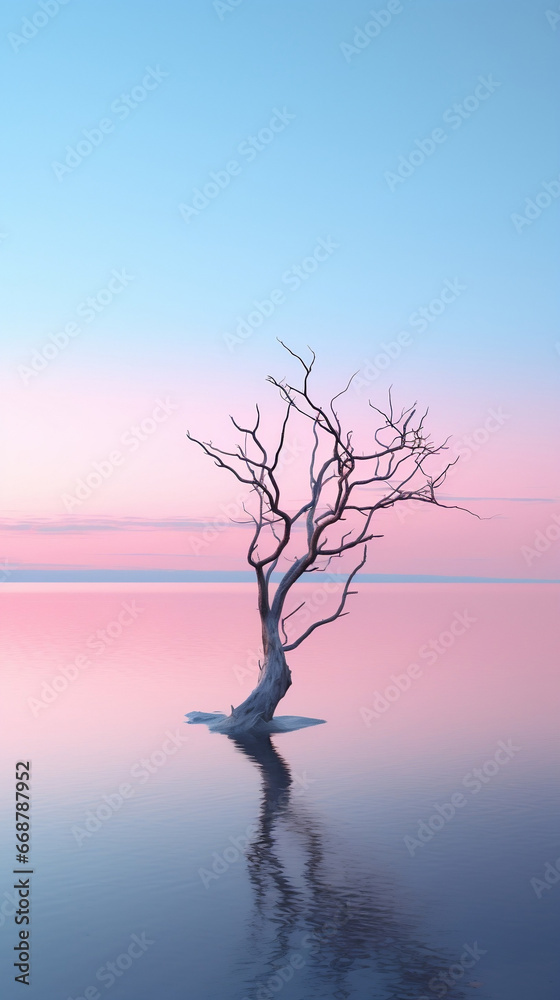 tree on the lake, shallow water framed by a pink sun. tree on the lake, shallow water framed by a pink sun.