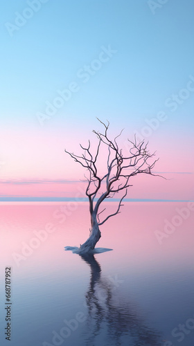 tree on the lake  shallow water framed by a pink sun.