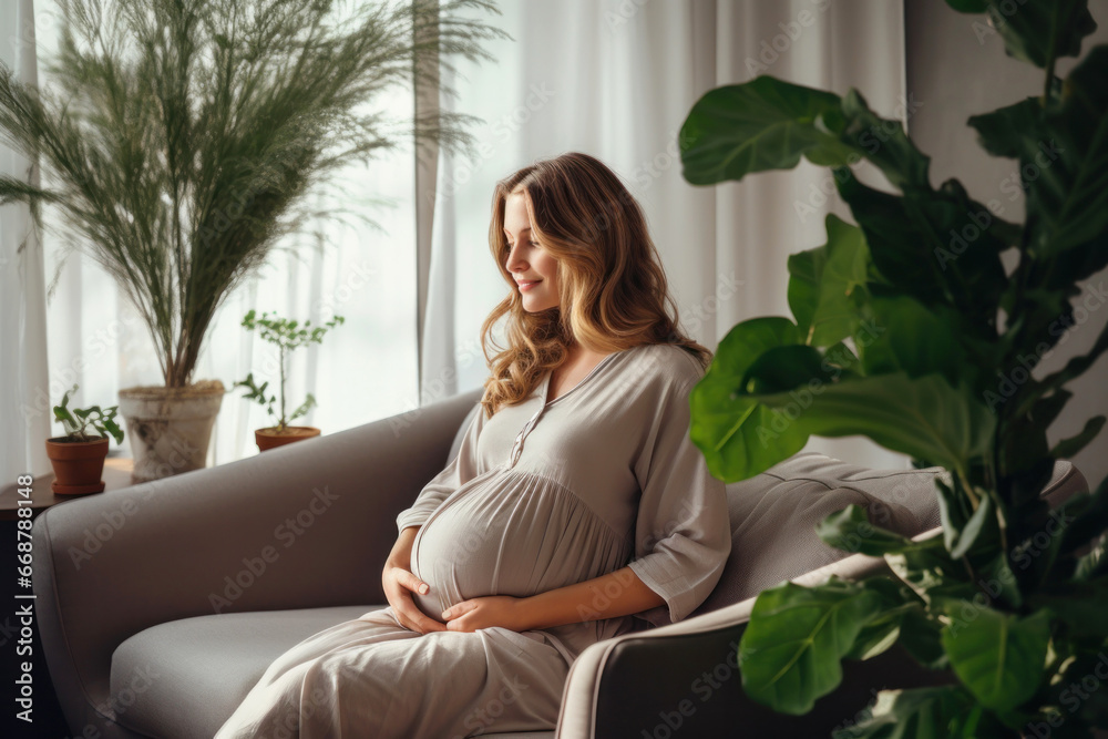 Pregnant Woman Relaxing in the Room With Green Plants Pregnant Woman Relaxing in the Room With Green Plants
