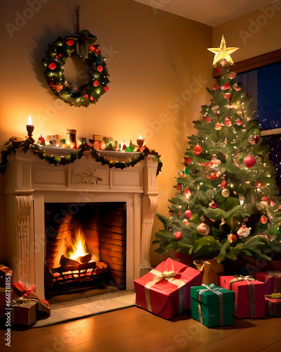 Regalos de Navidad al pie del árbol de Navidad bellamente decorado, con la chimenea encendida al lado, de noche, hiperrealista, hiperdetallado, 4K photo