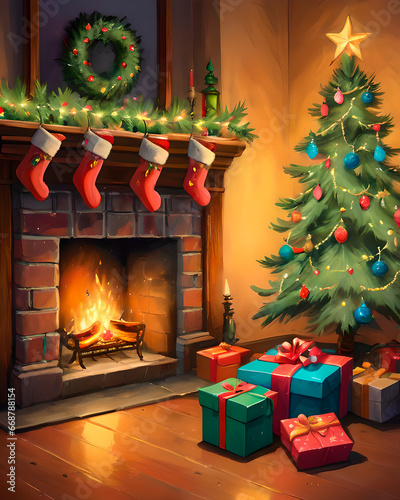 Ilustración naive, ingenua, infantil de ambiente acogedor y navideño con cojines, taza humeante, libro y decoración en el alféizar de la ventana con nieve en el exterior photo