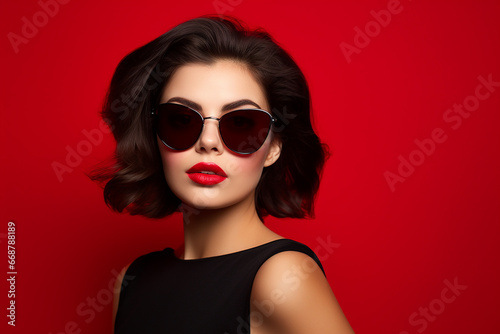 Studio portrait of a beautiful young brunette woman in sunglasses