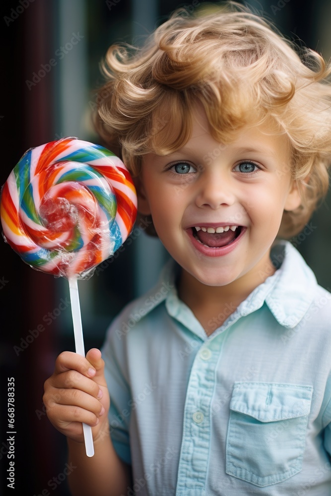 Funny looking smiling child boy with a lollipop