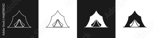 Set Circus tent icon isolated on black and white background. Carnival camping tent. Amusement park. Vector
