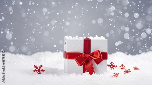 White gift box in snow  Christmas and happy new year  a Valentine celebration