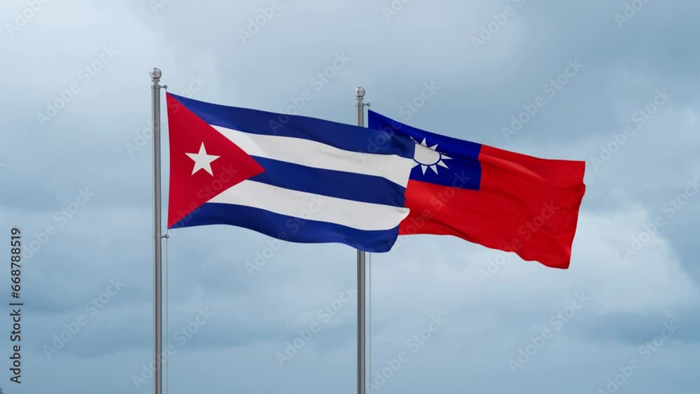 Taiwan and Cuba flag waving together on cloudy sky, endless seamless loop, two country cooperation concept Taiwan and Cuba flag waving together on cloudy sky, endless seamless loop, two country cooperation concept