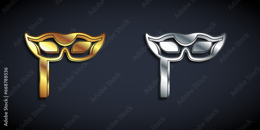Gold and silver Festive mask icon isolated on black background. Merry Christmas and Happy New Year. Long shadow style. Vector Gold and silver Festive mask icon isolated on black background. Merry Christmas and Happy New Year. Long shadow style. Vector
