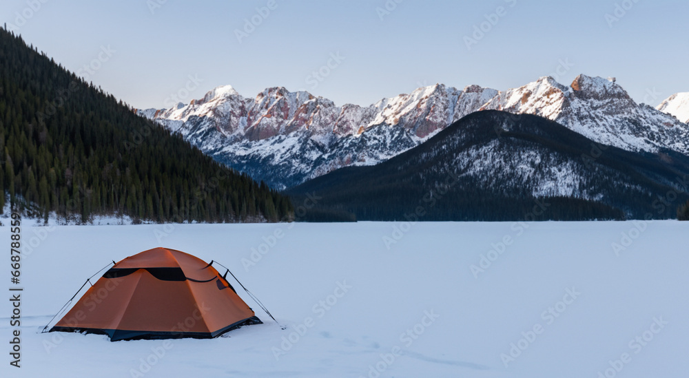 Camping in the mountains in winter.