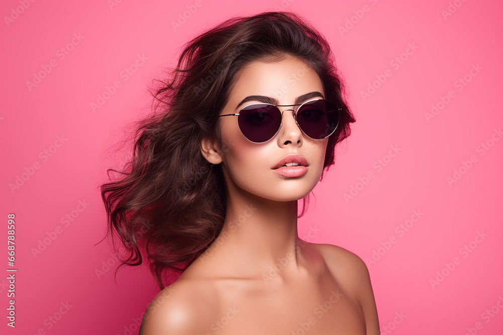 Studio portrait of a beautiful young brunette woman in sunglasses Studio portrait of a beautiful young brunette woman in sunglasses