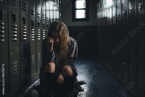 a detailed photo the photograph shows  distressed teen girl, suffering from school bullying, sits against a school locker in the corridor, covering her face and crying photo