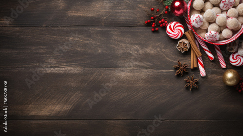 Christmas background with decorations and ornaments on wooden board.