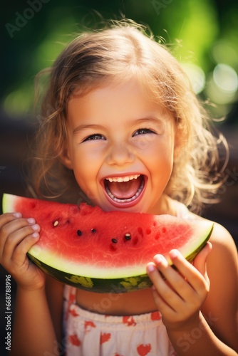 happy child girl is eating a watermelon