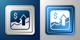 White Financial growth increase icon isolated on blue and grey background. Increasing revenue. Silver and blue square button. Vector