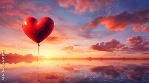 A heart-shaped balloon held against the backdrop of a romantic sunset, symbolizing love and warmth.