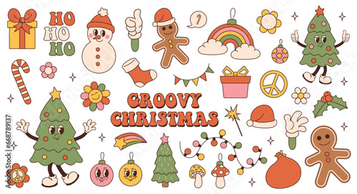 Groovy hippie Christmas stickers. Christmas tree, gifts, rainbow, peace, holly jolly vibes, ho ho ho, snowman, gingerbread in trendy retro cartoon style. Cartoon characters and elements