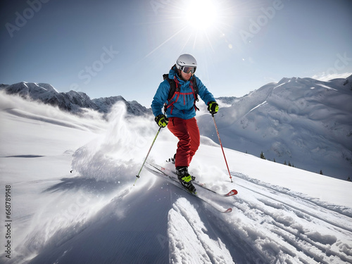 Skier skiing downhill in high mountains, extreme sport on a sunny day, healthy lifestyle. 