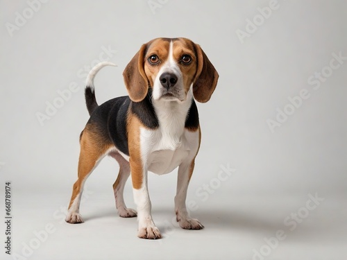 Perro de raza Beagle mirando hacia el frente sobre fondo blanco