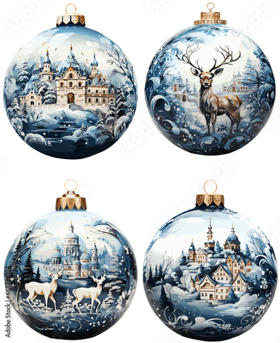 Winter castle and reindeer watercolor style christmas tree balls pack isolated on transparent background. Generative AI.
