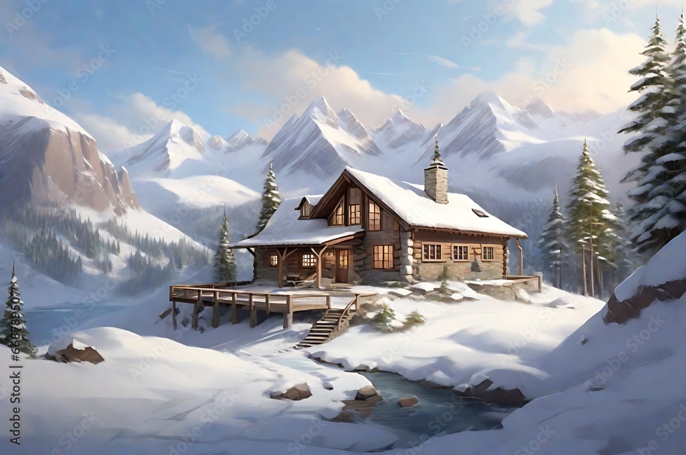 Discover a secluded log cabin, nestled in the snowy mountains, offering a tranquil winter escape.