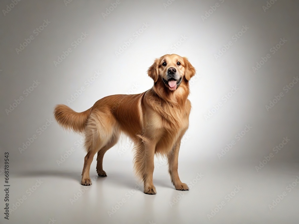 Perro de raza golden retriever, parado, mirando hacia el frente sobre fondo blanco 