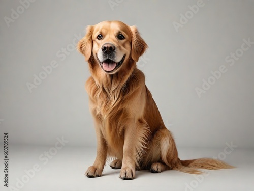 Perro de raza golden retriever, sentado, mirando hacia el frente sobre fondo blanco photo