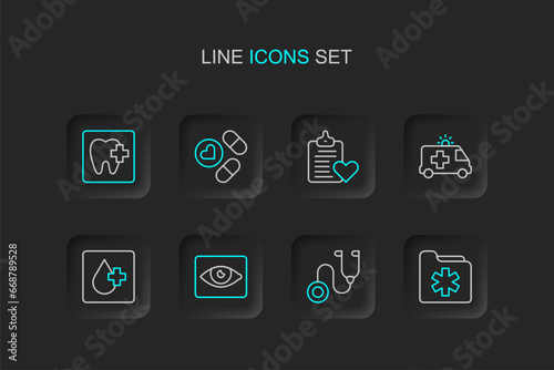 Set line Medical health record folder, Stethoscope, Red eye effect, Blood test, Ambulance car, Patient, Medicine pill tablet and Dental clinic location icon. Vector