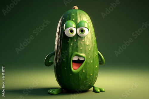 Cucumber character on green background. 3d render illustration.