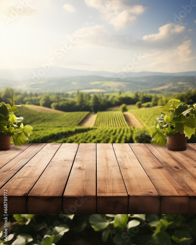 Wood table top on blurred vineyard landscape background