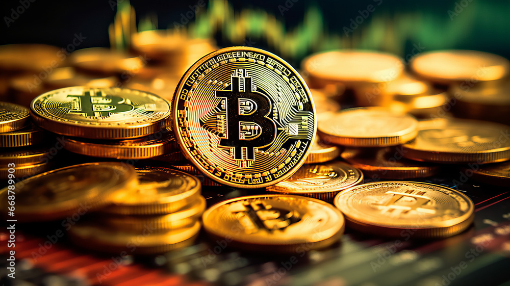 multiple Bitcoin coin on stock market charts diagram multiple Bitcoin coin on stock market charts diagram