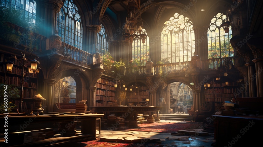 A hushed library atmosphere with soft light filtering through stained-glass windows, illuminating dust motes.