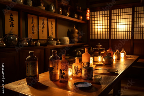 Ancient Chinese medicine room with incense, bottles and candles on table photo