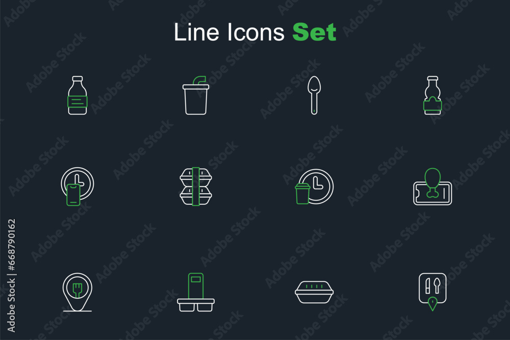 Set line Cafe and restaurant location, Lunch box, Coffee cup to go, Food ordering mobile, Round the clock delivery, and icon. Vector Set line Cafe and restaurant location, Lunch box, Coffee cup to go, Food ordering mobile, Round the clock delivery, and icon. Vector