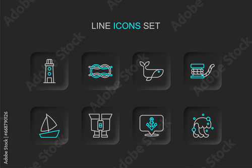 Set line Tsunami, Anchor, Binoculars, Yacht sailboat, Marine bollard with rope, Whale, Nautical knots and Lighthouse icon. Vector